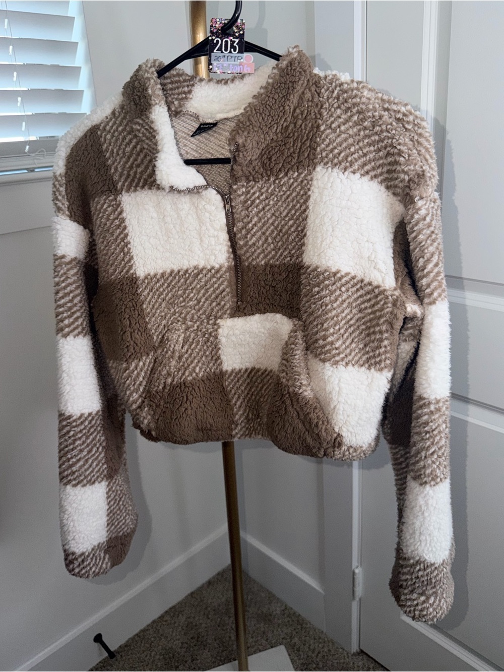 203 SHEIN Cozy Sherpa Half-Zip Pullover - Brown & Cream Check